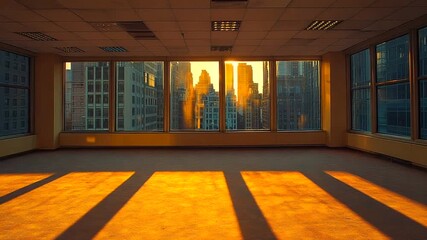 Empty office space with city view and golden hour sunlight casting shadows - Powered by Adobe