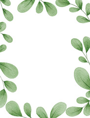 Green aesthetic watercolor leaf border frame isolated on White Background. Natural frame for eco-themed invitations, journaling pages, and more.

