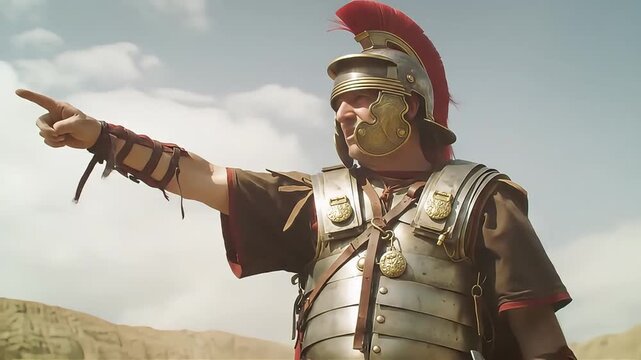Roman Centurion Surveys Arid Landscape, Directing Troops