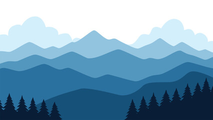 Obraz premium Landscape of mountain range with pine forest and cloudy sky. Vector illustration