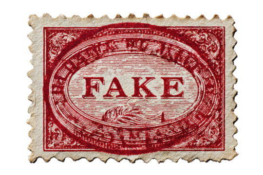 Red postage stamp with the word "FAKE" in bold