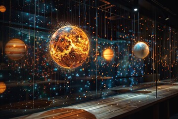 Fototapeta premium Planets and stars glowing behind glass display in dark room