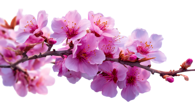 Bright pink cherry blossoms on a branch with transparent background