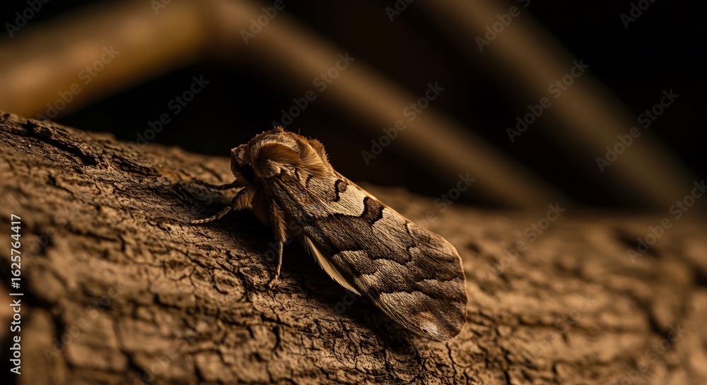 Poster close-up of a moth resting on a tree trunk.