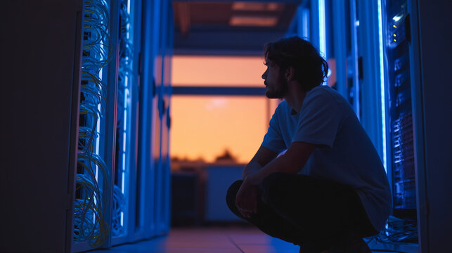 young man working in data center at sunset 