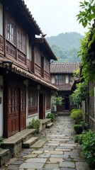Timeless Stone Alley in a Misty Chinese Village with Traditional Wooden Houses
