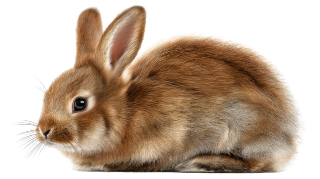Brown rabbit sitting on a transparent background in a calm pose