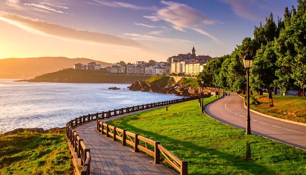 Coastal Promenade at Sunset: A Coru?a, Spain, with Winding Path and Distant Cityscape