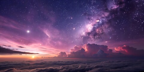 Fototapeta premium Breathtaking cosmic panorama with vibrant purple clouds and distant sunrise over a sea of clouds.