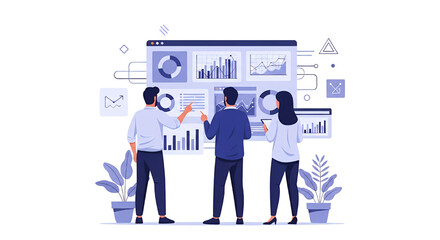 Professional team analyzing business data on an interactive dashboard with charts and graphs.