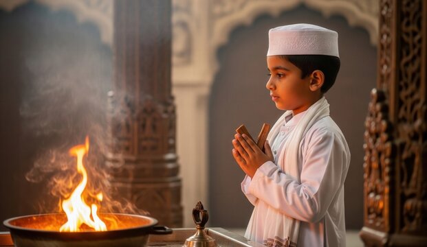 Parsi Boy Praying at Fire Temple – Spiritual Navroz HD Wallpaper