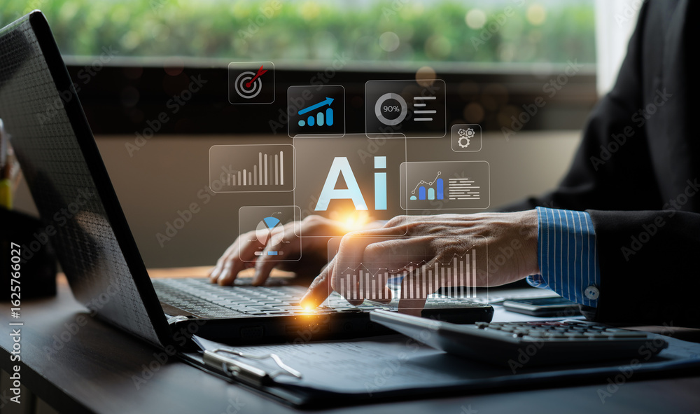Poster businessman using ai-powered analytics dashboard on laptop, futuristic technology interface for busi