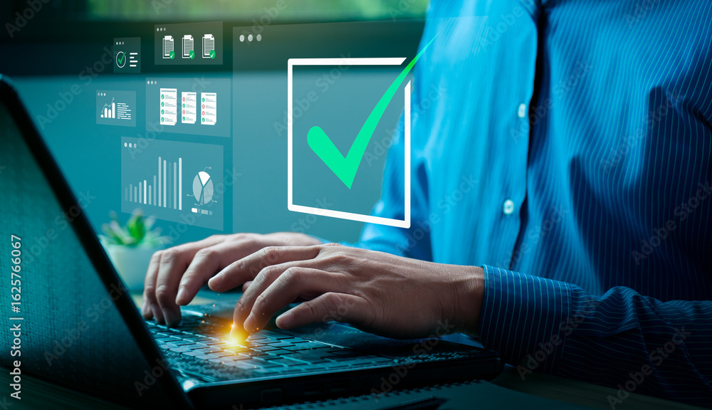 Aufkleber businessman typing on laptop with virtual check mark and data analytics icons, representing task com