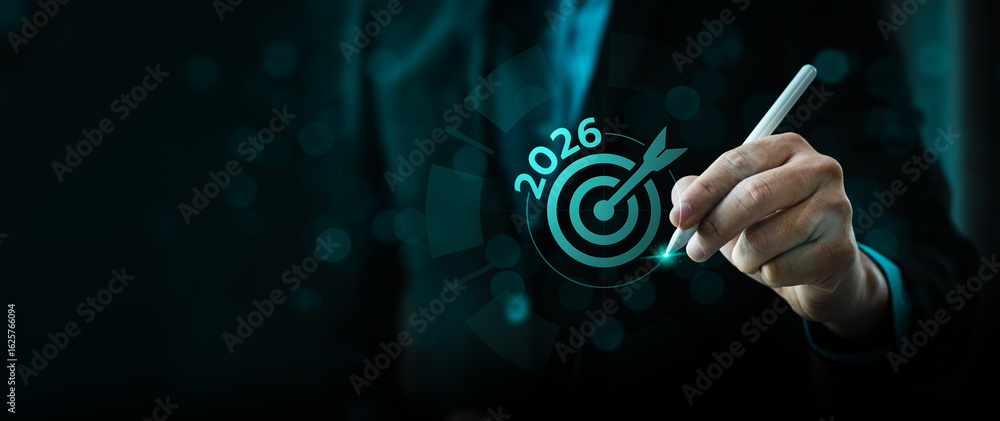 Poster 2026 business goal and target strategy concept with businessman using digital pen to highlight dartb