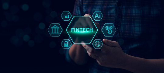 Fintech digital technology innovation with glowing icons on virtual screen, showcasing financial...