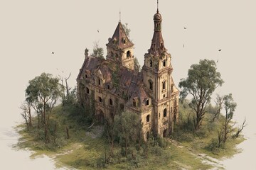 Ruined mansion, overgrown with vegetation, aerial view