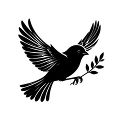 Obraz premium A black silhouette of a flying dove holding a leafy branch. A minimalist graphic illustration symbolizing peace, hope, and harmony.