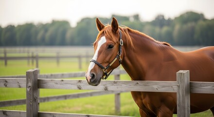 Elegant Chestnut Horse with White Blaze in Farm Pasture Portrait