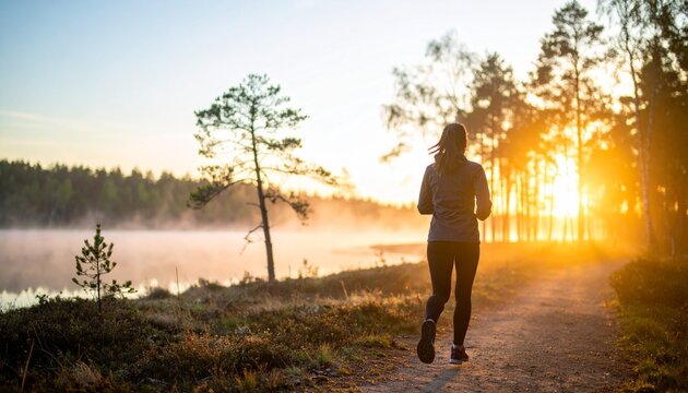 Sunrise jog by misty lake surrounded by trees, Woman running on path at dawn in a scenic landscape with fog over the water, Finland