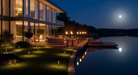 Luxury Modern House on Lake at Night with Moonlit Water