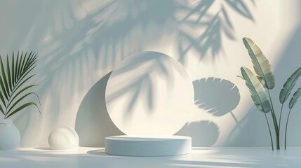 White podium with plants and shadows on a white background