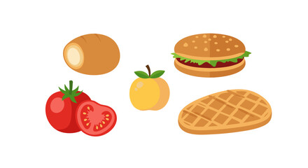 Delightful Cartoon Food Assortment Featuring Burger, Waffle, Apple, Bread, and Tomatoes Creating a Mouthwatering Culinary Display