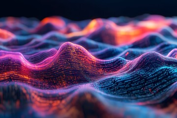abstract digital landscape made of flowing code, terrain shaped by numbers and symbols, surreal tech world 
