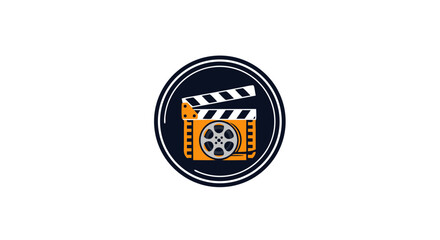 Naklejka premium Iconic Symbol of Film Production: Creative Illustration of Clapperboard and Reel, Evoking the Cinematic Arts and Media Production within a Modern