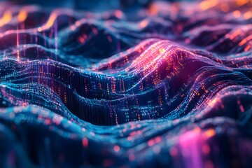 abstract digital landscape made of flowing code, terrain shaped by numbers and symbols, surreal tech world 
