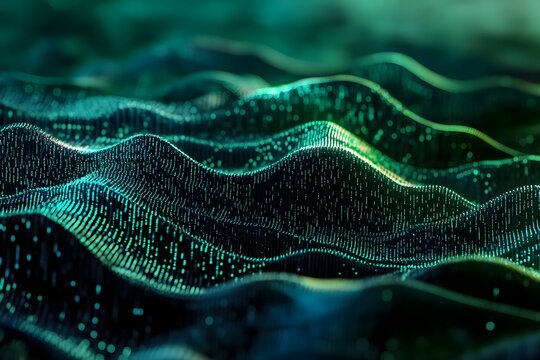 abstract digital landscape made of flowing code, terrain shaped by numbers and symbols, surreal tech world 
