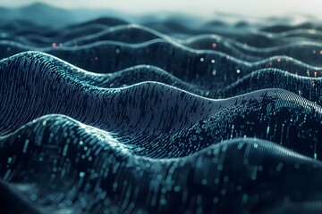 abstract digital landscape made of flowing code, terrain shaped by numbers and symbols, surreal tech world 
