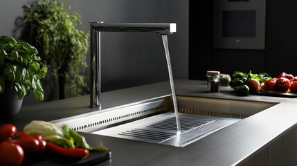 Sleek chrome faucet over modern kitchen sink