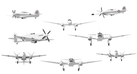 Diverse Collection of Vintage Warplanes Isolated on a Clean White Canvas for Aviation Enthusiasts