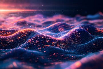 abstract digital landscape made of flowing code, terrain shaped by numbers and symbols, surreal tech world 
