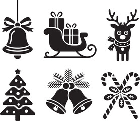 Festive Christmas icons: bells, tree, reindeer, sleigh, candy cane