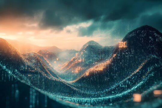 abstract digital landscape made of flowing code, terrain shaped by numbers and symbols, surreal tech world 
