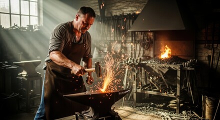 Artisan Blacksmith Forging Steel, Sparks Igniting the Dramatically Lit Workshop.
