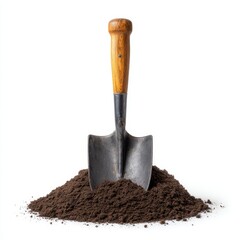 Garden shovel stuck in soil isolated on white background