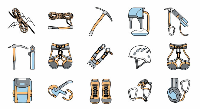 Detailed Line Art Illustration Showcasing Essential Mountaineering Equipment with Muted Color Palettes Depicting Climbing and Alpinism Preparedness