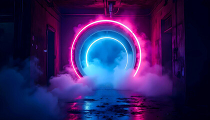 Glowing Sci-Fi Portal – Futuristic Doorway With Neon Lights and Particles, A glowing neon portal inside a dark, industrial corridor
