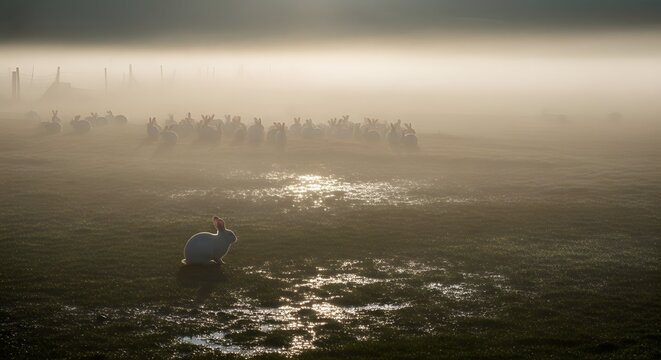 White Rabbit Standing on Grassy Field in Foggy Dawn - Powered by Adobe
