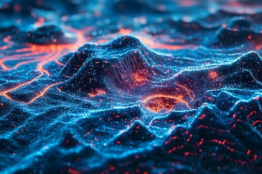 abstract digital landscape made of flowing code, terrain shaped by numbers and symbols, surreal tech world 
 - Powered by Adobe