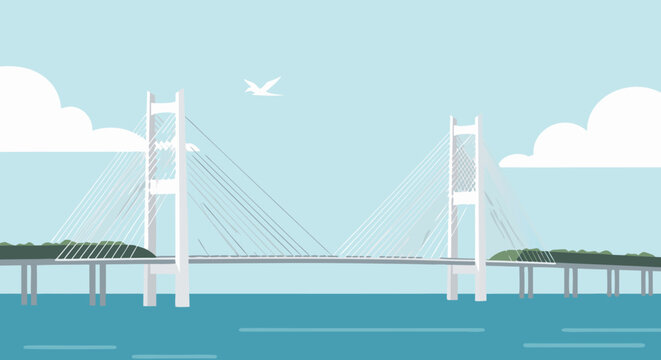 Architectural cable-stayed bridge in calming blue tones against a scenic backdrop with a minimalist bird illustration