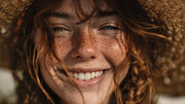 A close-up portrait showcases a smiling woman with freckled skin, light eyes, and flowing red hair partially covered by a straw hat