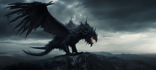 A haunted gothic Devil griffin perched on a wind-swept hill,generative AI