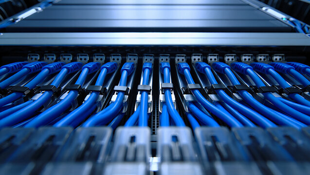 High Density Server Infrastructure with Blue Ethernet Cables Connecting Patch Panel Ports in Data Center