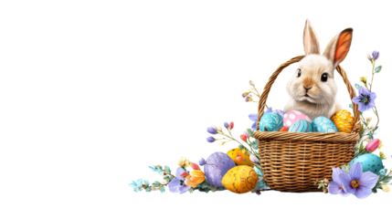 Cute bunny with colorful eggs in a woven basket