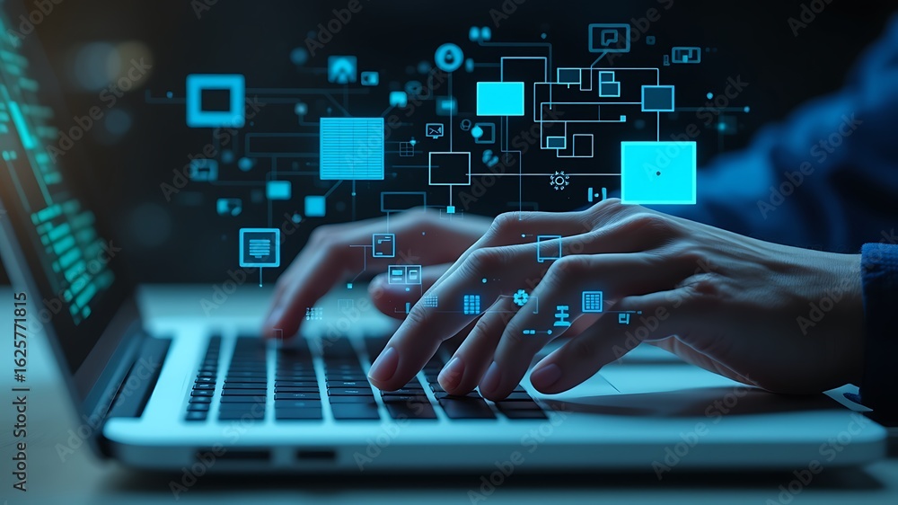 Fototapete hands typing on a laptop with glowing digital data streams and icons representing technology and inf