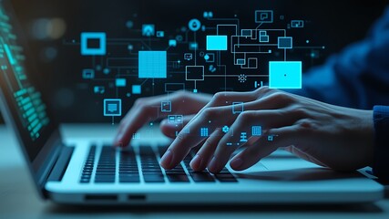 Hands typing on a laptop with glowing digital data streams and icons representing technology and information flow