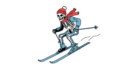 Whimsical skeleton skier, a humorous winter sport illustration featuring a skeleton enjoying a ski trip with red hat and scarf in a minimalist setting